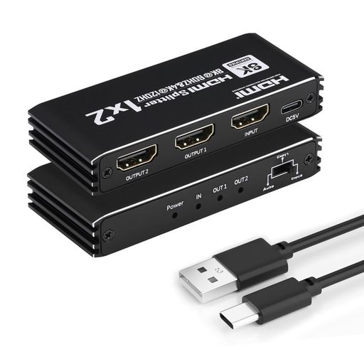8K HDMI 分かち合う器 1インプット2最終生産物 8K@60サイクル HDMI 2.1 HDCP 2.3 EDIDとり備える 48 Gbps Dolby Atmos 7.1ch 高品位テレビ/STB/ヴィデオディスク/マイコン/Xbox/ なおなお書き4/ Fire TV Stick/Apple