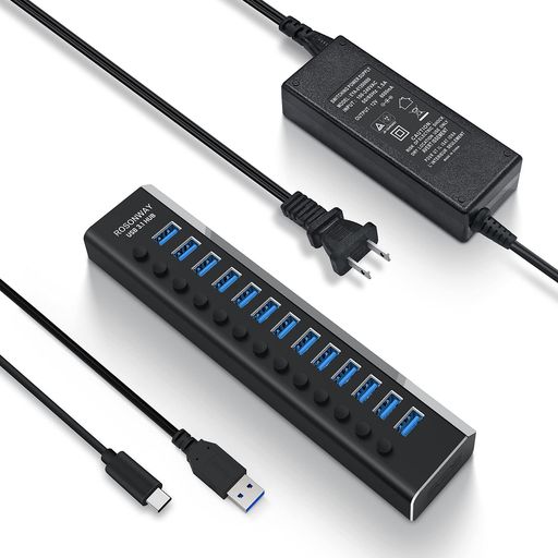 ROSONWAYUSBハブ3.1Gen210Gbps13ポートアルミ製72WUSBHUBセルフパワーUSBケーブルとTypeCケーブル付き12V/6AACアダプタ独立スイッチ付き(RSH-A13)