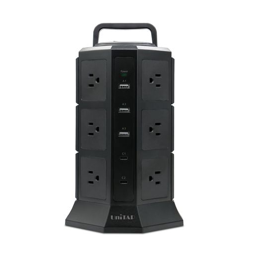 プリンストン電源タップタワー型AC12個口USB5個口USB-C(PD3.0)x2USB-Ax3機器最大合計出力1500WUSB最大合計出力65WブラックPPS-PD65TW