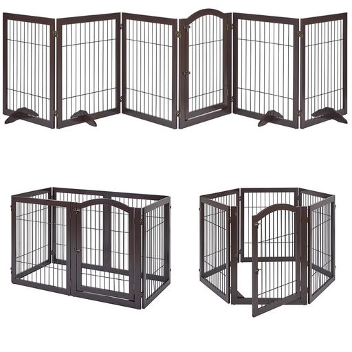 unipawsペットフェンス置くだけ簡単ペットゲート木製折りたたみ式ドア付き伸縮可能(幅366cm高さ80cm)ブラウン自立式6枚パネル