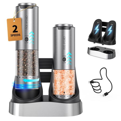 CIRCLE JOY 充電式ペッパーミル 電動 ステンレス製ペッパーミル 研削速度可変 厚さを外部で調整する 95ml容器 2-in-1充電ベース 白色LEDライト 2本セット シルバー｜VlookupStore 店