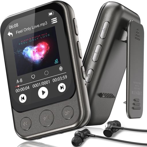 ODEJOI64GBクリップ式MP3プレーヤーBluetooth5.3スピーカー内蔵2インチHDタッチスクリーンFMラジオダイレクト録音HIFI音質軽量・小型ポータブル音楽プレーヤーシャッフル再生目覚まし時計写真…
