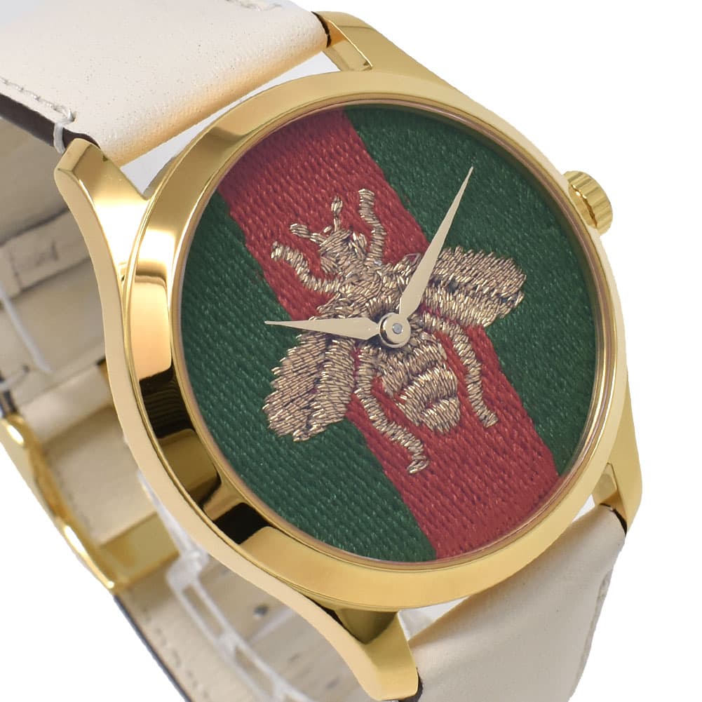 グッチ GUCCI 腕時計 レッド×オフホワイト レザーベルト レディース メンズ 送料無料 込 バレンタインデー ユニセックス 蜂 アナログ  グリーン 男女兼用腕時計