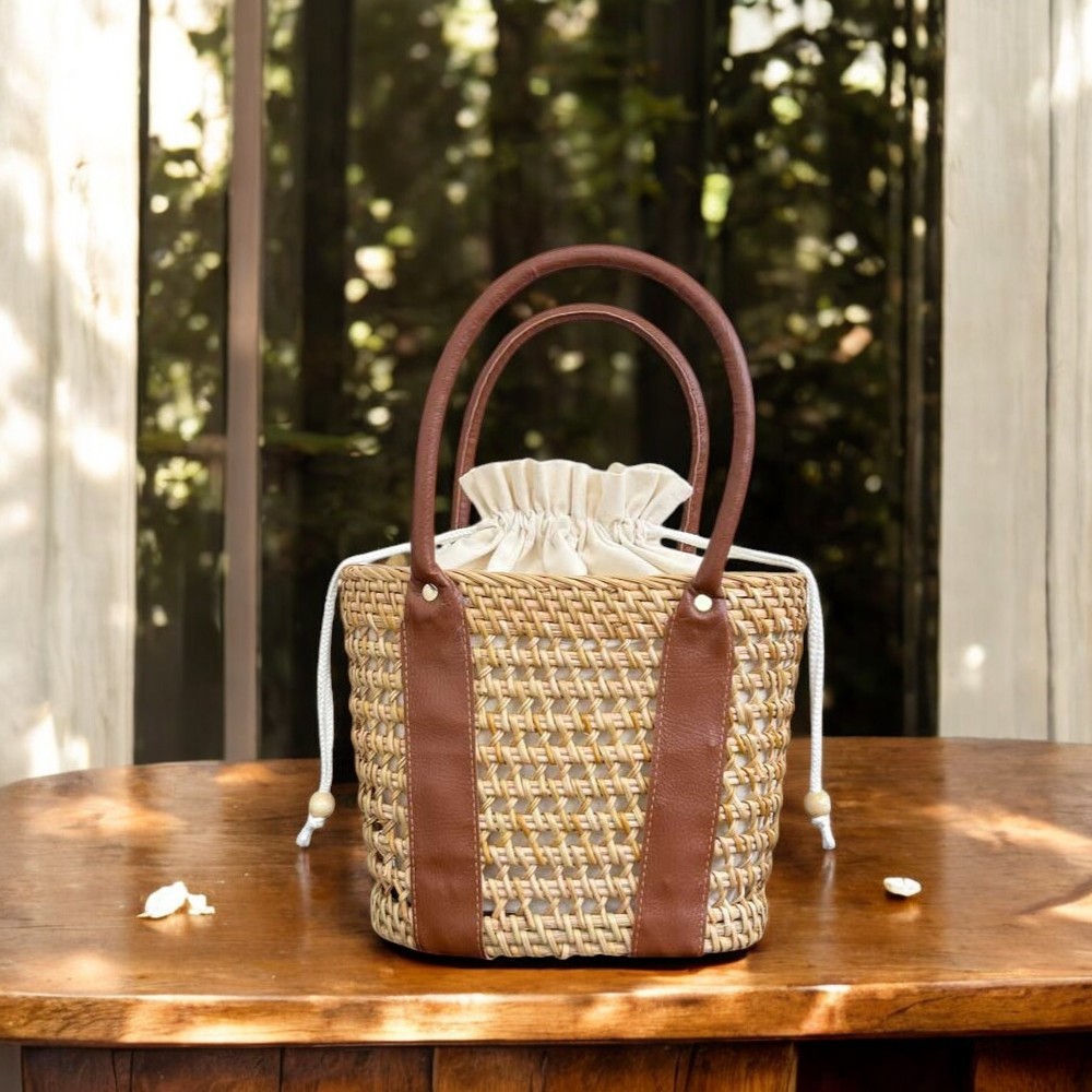 楽天市場】ラタンバッグ レディース 巾着 ラタンバッグ 深型横長 茶