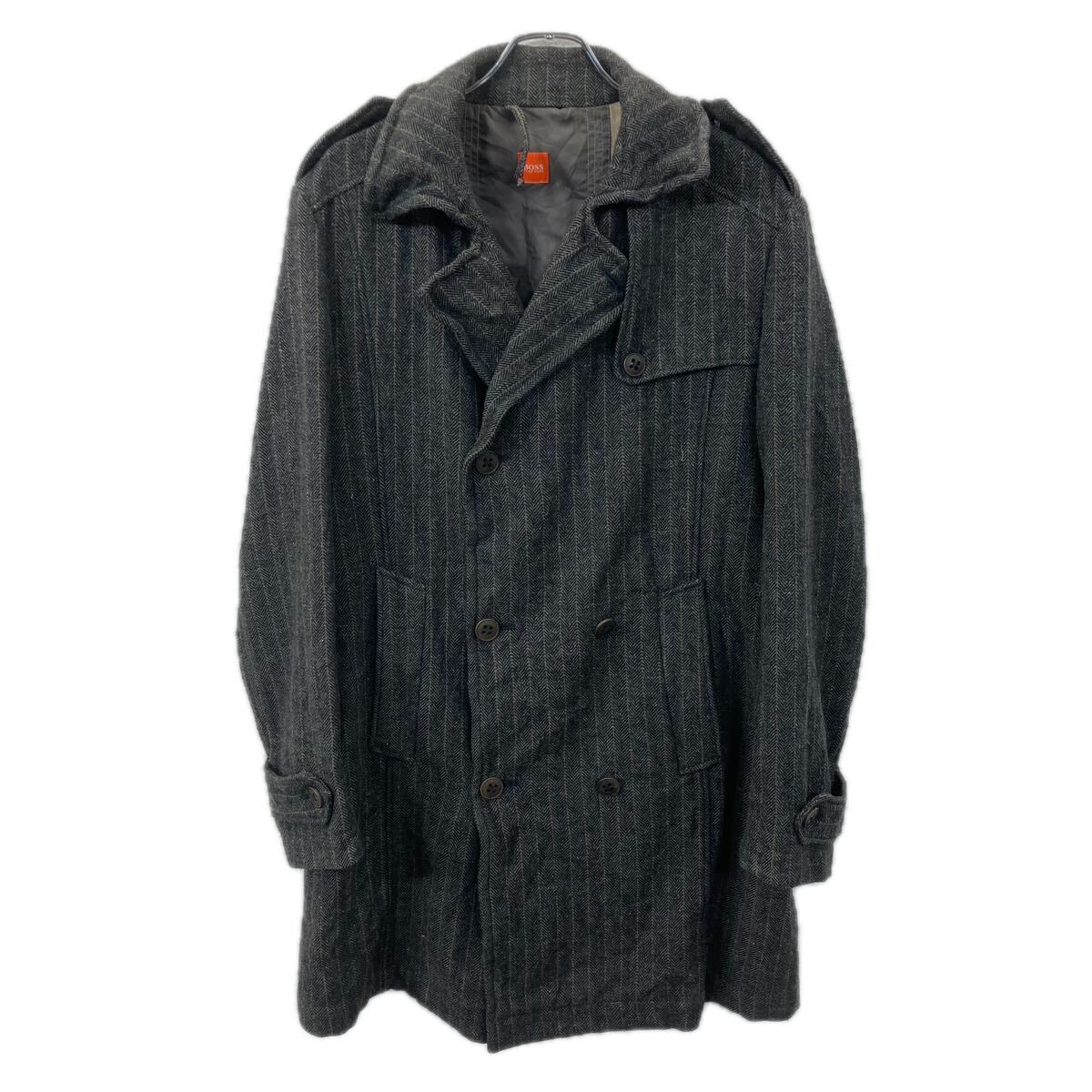 【中古】【古着】 HUGO BOSS 厚地の外套 50 XL～ 濃灰色薄墨色系 ヒューゴボス ダブル名取り草 縞模様柄 肩章 ロング丈 アウター 冬物 a711-6725