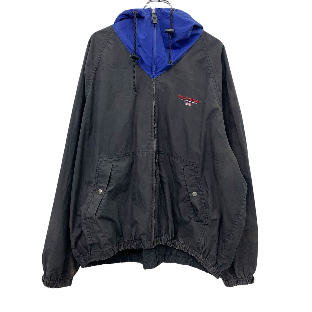 【中古】【古着】 90s POLO SPORT コットンジャケット XXL ブラック ブルー ポロスポーツ ジップアップ アノラック ロゴ 刺繍 春秋物 a712-6677|古着屋DEN