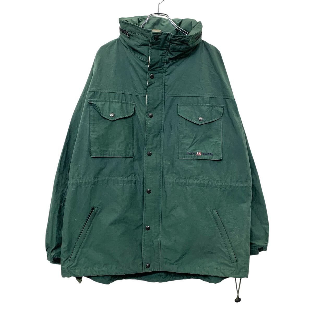 【中古】【古着】 90s Polo by Ralph Lauren フィッシュテールパーカー XL グリーン ポロバイラルフローレン ダブルジップ 裾ドローコード 春秋物 a801-5573