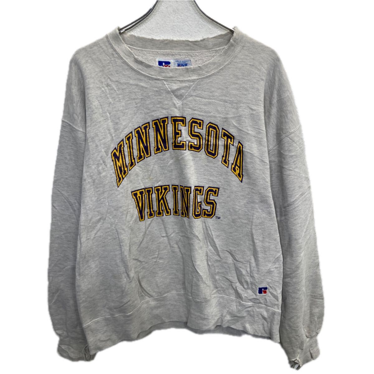 【中古】【古着】 90s RUSSELL ATHLETIC プリントスウェット トレーナー L ライトグレー ラッセルアスレティック 裏起毛 前Vガゼット 秋物 a801-5610