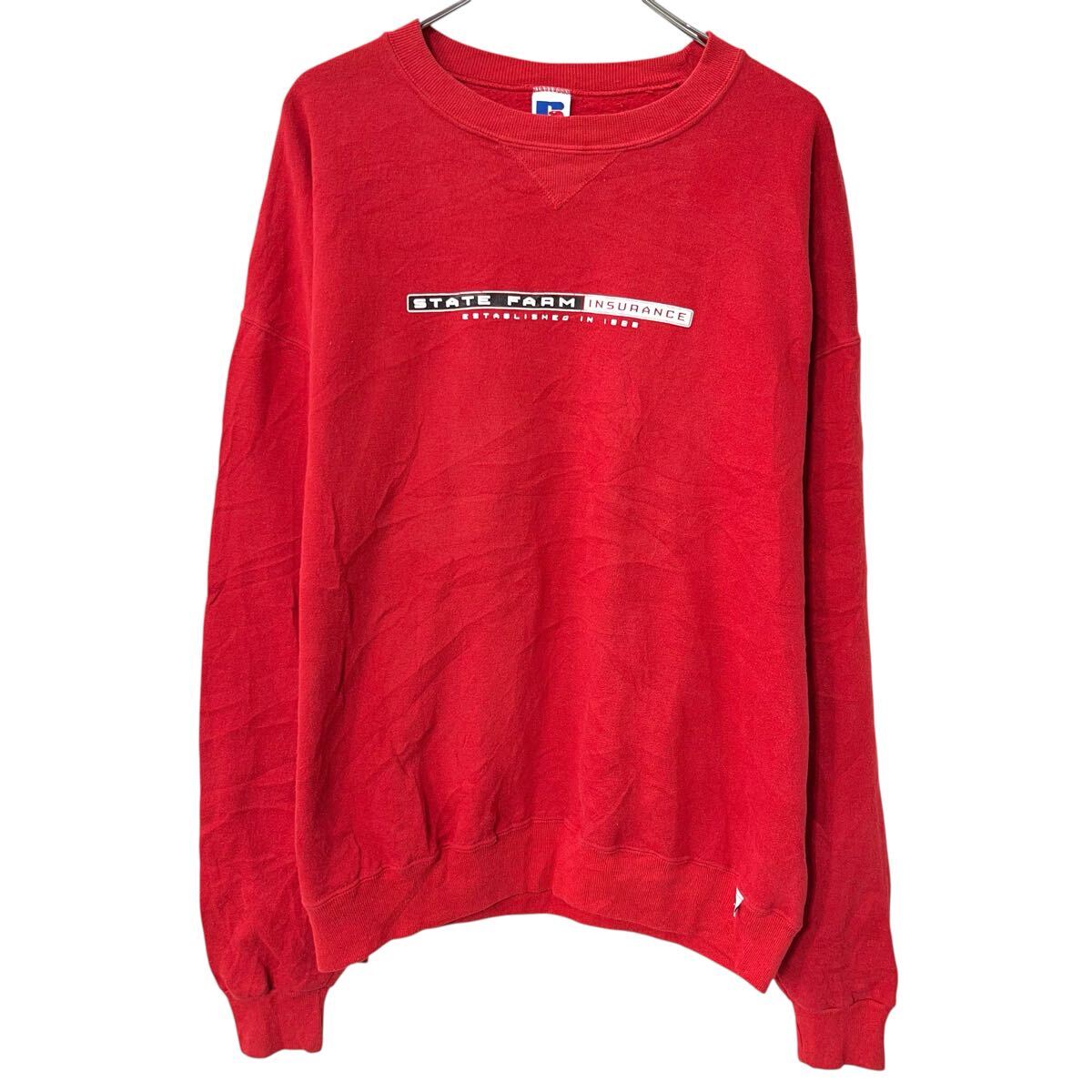 【中古】【古着】 90～00s メキシコ製 RUSSELL ATHLETIC プリントスウェット トレーナー XL レッド ラッセル アスレティック 前Vガゼット 秋物 a802-6053