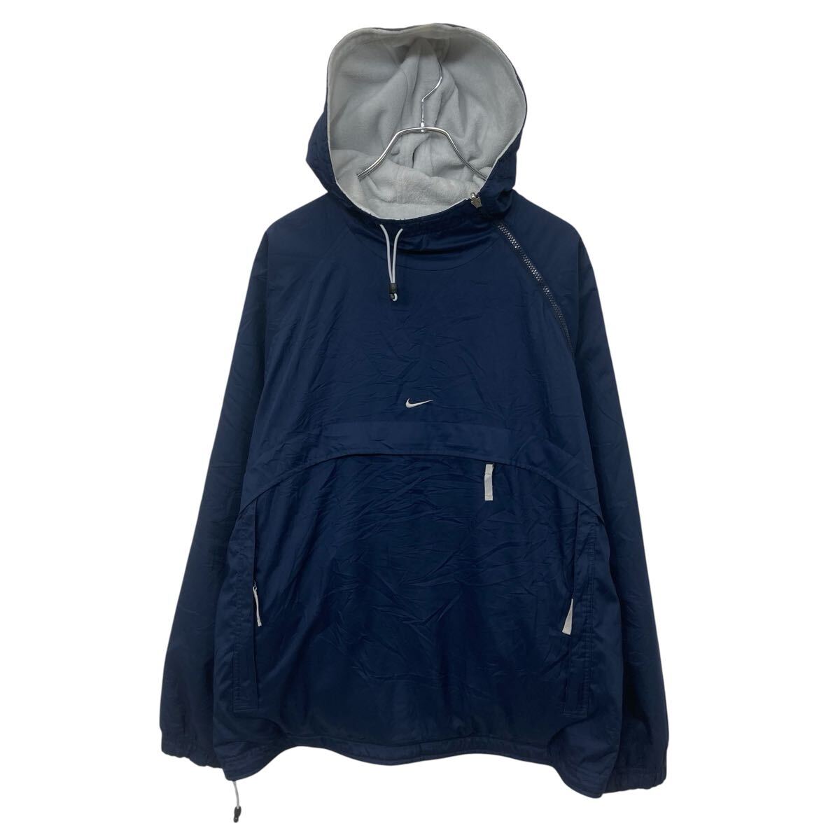 【中古】【古着】 00s タイ製 NIKE リバーシブル アノラックパーカー L ネイビー ホワイト ナイキ 斜めジップ 裏地フリース アウター 春秋物 a803-6507