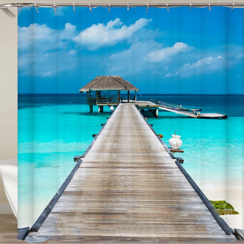 楽天市場 2日間限定 19日 エントリーで最大p9倍 商品別最大p倍 シャワーカーテン リングランナー付き カーテン 浴室 インテリア 保温 防水 お風呂 仕切り バス 海 リゾート 浜辺 桟橋 おしゃれ Sc 07 Manolla 楽天市場店