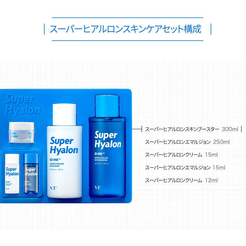 楽天市場 Vt公式 Vt スーパ ヒアルロンスキンケアセット Vt Super Hyalon Skin Care Set スキンケア 化粧水 導入化粧水 乳液 エマルジョン うるおい 保湿 水分 毛穴 鎮静 美白 ヒアルロン酸 ハリ 弾力 プレゼント コスメ 韓国コスメ Vtcosmetic楽天市場店