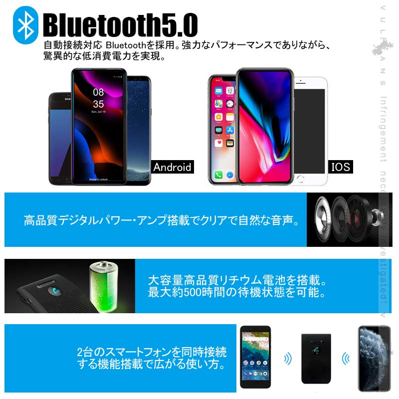 楽天市場 Bluebooth5 0 車載 ハンズフリー ハンズフリー通話 Siri起動 ハンズフリー キット 振動検知搭載 音楽対応 通話キット スピーカー マイク高音質 長時間 2台待受 Vulcans