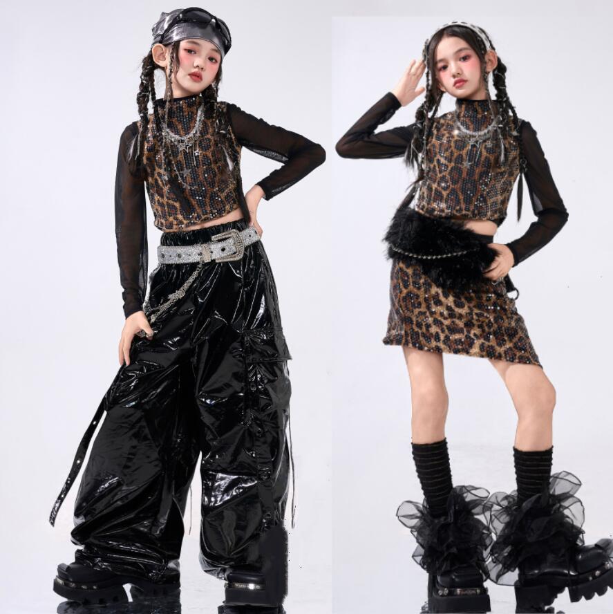 女の子 豹柄 ダンス衣装 ジャズ ヒップホップ ダンス 演出服 スパンコール付き ベスト スカート ゆったり レザーカーゴパンツ ダボ感 ダンスパンツ 女の子 jazz hiphop 個性 ダンス衣装 演出服