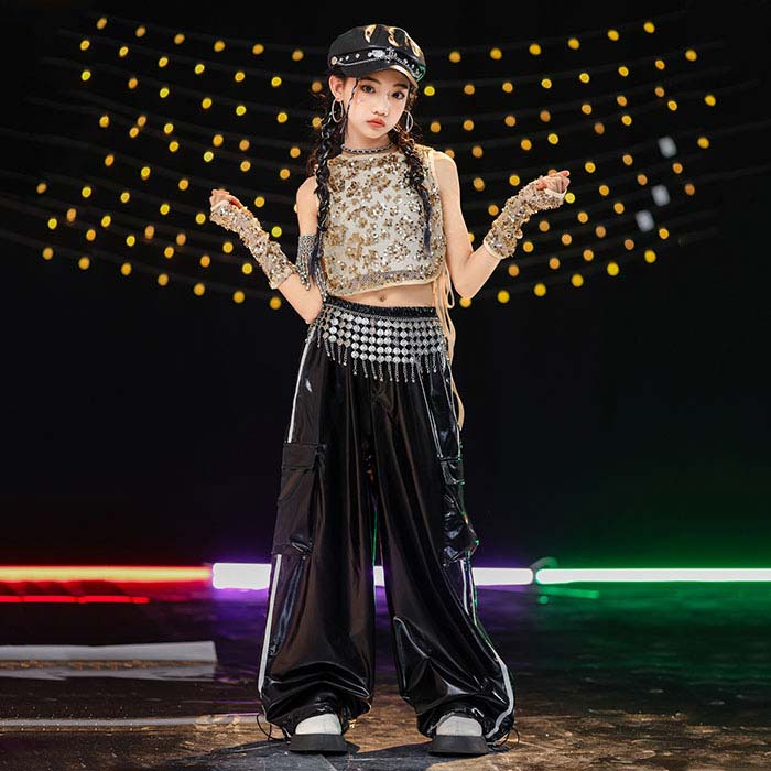 舞台演出服 キッズ 女の子 ジャズダンス衣装 トップス ノースリーブ パンツ 上下セット キラキラ ステージ衣装 ヒップスカーフ フリンジ 個性的 帽子 タッセル かっこいい jazz ヒップホップ ストリートダンス 団体服 発表会 光沢あり へそ出し 子供 hiphop locking popping