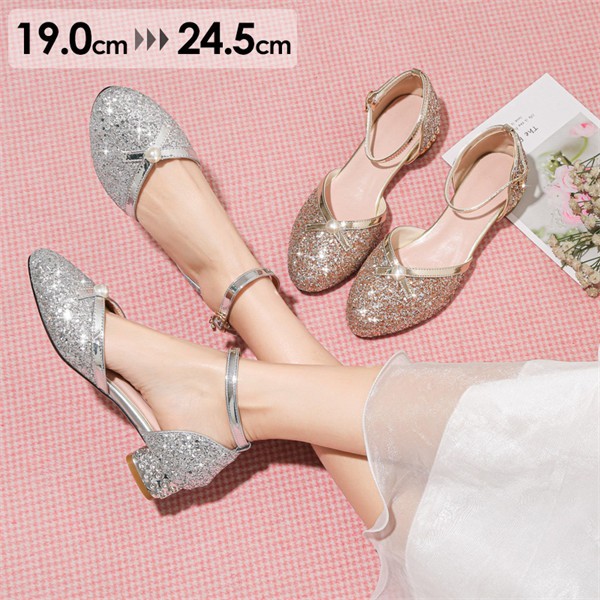 パンプス キラキラ ヒール3cm 太いヒール ローヒール チャンキーヒール アーモンドトゥ ストラップ アンクルストラップ 上品 ゴージャス 結婚式 ピアノ 発表会 綺麗め パーティー シューズ 靴 イベント 謝恩会 演奏会 演出 小さいサイズ 19.0～24.5 ゴールド シルバー