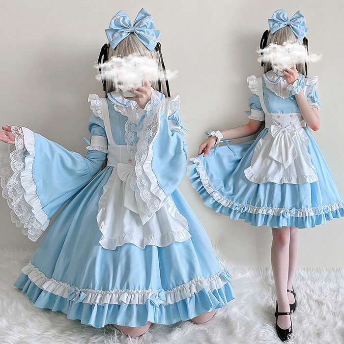 ハロウィン コスプレ メイド服 長袖 半袖 アリス 衣装 レディース 大人 コスチューム アリス エプロン カチューシャ付き ワンピース ドレス プリンセス 変装 仮装 お姫様 コスプレ 衣装 メイド ゴスロリ ロリータ ブルー