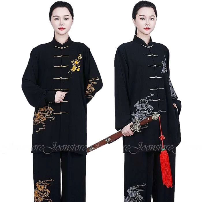 太極拳 ウェア 太極拳 服 長袖 上下セット 龍柄刺繍 武術表演服 練習着 カンフー服 演武用服 拳法 太極拳パンツ カンフ ートップス 2点セット 太極拳専用服 カンフー服 演舞服 拳法 武術 朝練 カンフー 気功 武術表演服 舞台ステージ衣装 春 夏 秋 XS S M L XL XXL 男女兼用