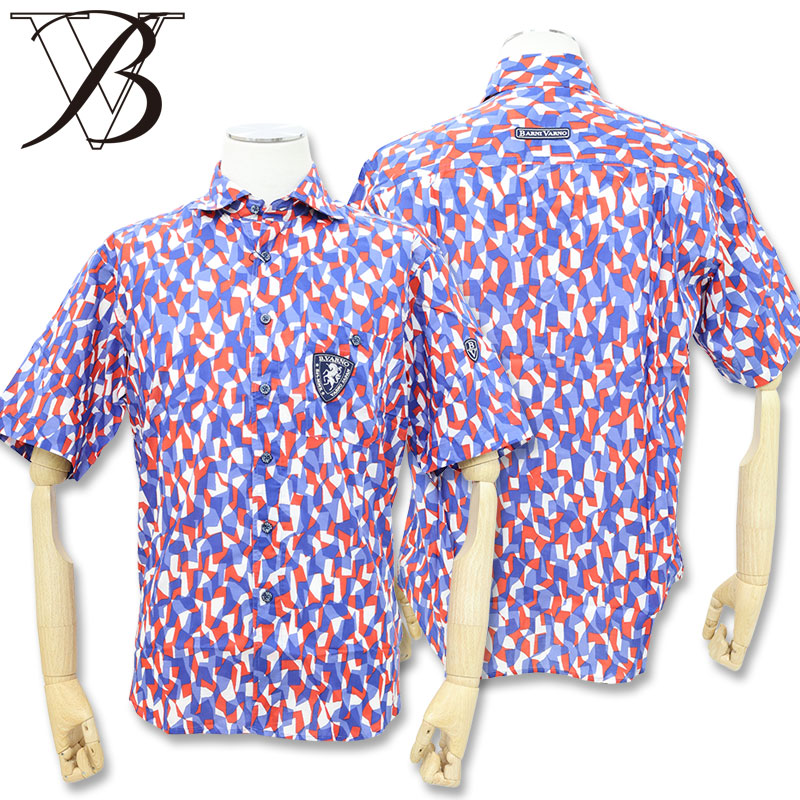 バーニヴァーノ ユニコーン ワッペン 半袖 シャツ L サイズ ブルー×レッド 45 BSS-GSH2474 BARNI VARNO 春夏 シャツ 半袖 アウトレット