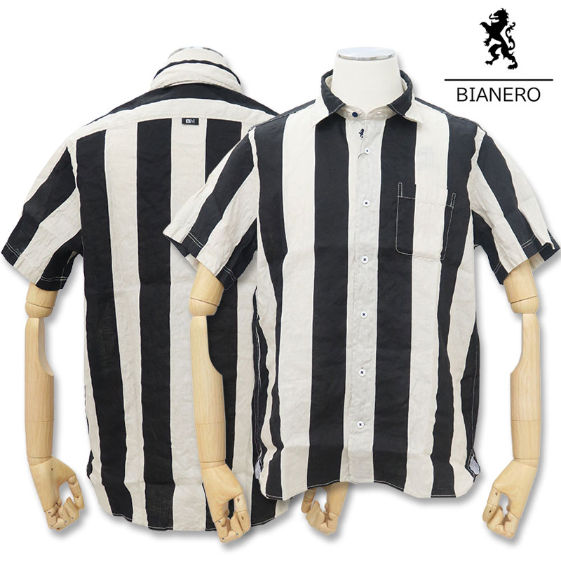 ビアネロ 麻 半袖シャツ 50 LL オフホワイト ブラック ストライプ 244-3572-12-50 夏物 BIANERO