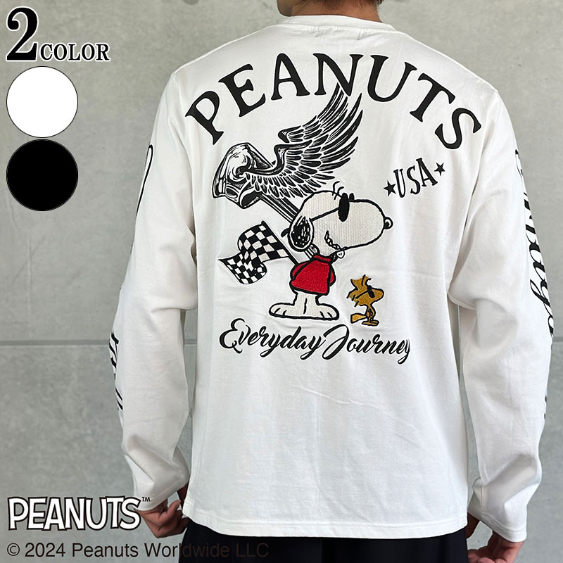 SNOOPY×Flagstaff フラッグスタッフ スヌーピー刺繍 長袖Tシャツ 443071 白 黒 SNOOPY ピーナッツ PEANUTS ウッドストック