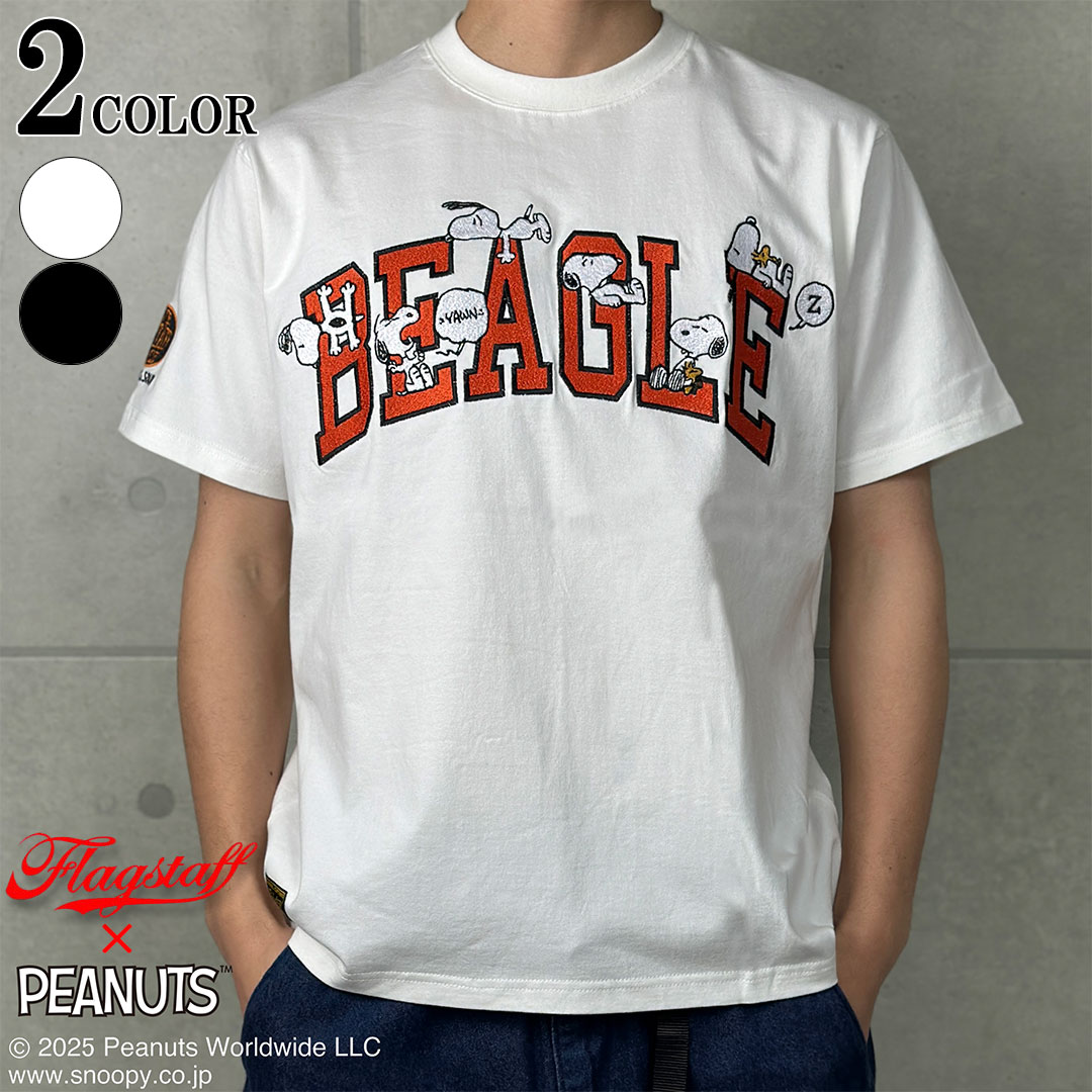 SNOOPY×Flagstaff BEAGLE Tシャツ フラッグスタッフ スヌーピー刺繍 半袖 Tシャツ 452092 白 黒 SNOOPY ピーナッツ PEANUTS ウッドストック