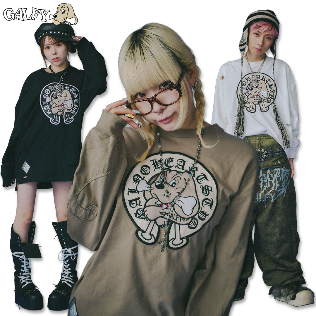 \大決算SALE 7/31まで10%OFF/ガルフィー GALFY 百合の紋紋ボロンTee 中型犬 L 大型犬 XL 153017 O.WHITE BLACK GREIGE 長袖 Tシャツ ギャル ヤンキー 25AW|わんわん洋品店