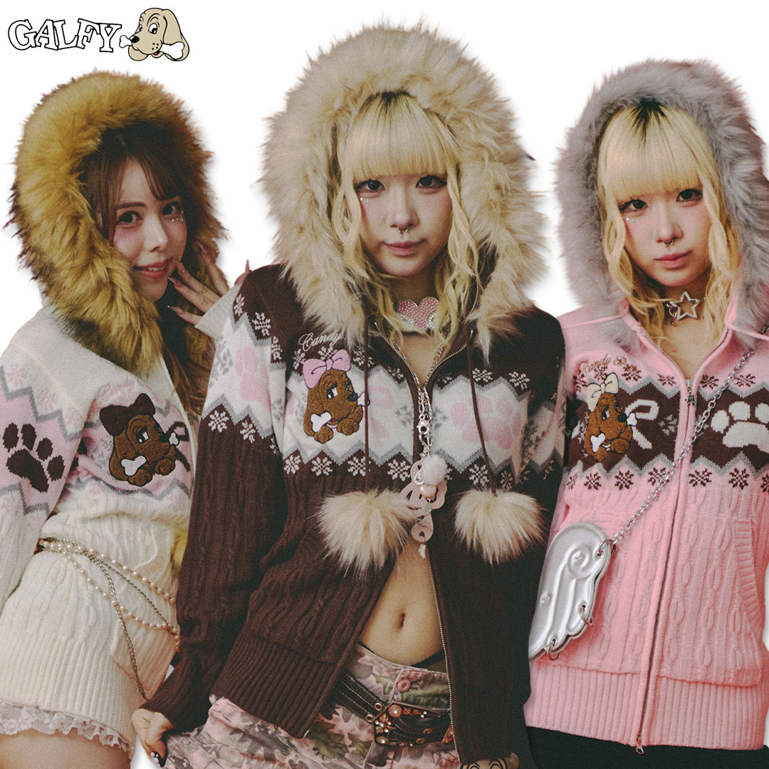 \大決算SALE 7/31まで10%OFF/キャンディー ガルフィー CANDY GALFY ラブリィ!ニットパーカー CANDY 153040 パーカー 犬 DOG ヤンキー ギャル WHITE PINK BROWN 25AW|わんわん洋品店