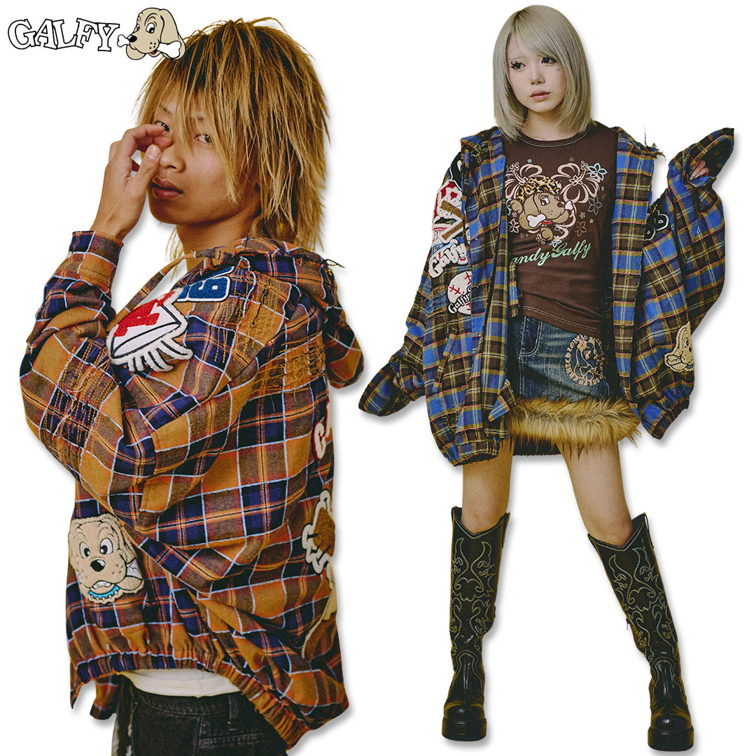 \大決算SALE 7/31まで10%OFF/ガルフィー GALFY ワッペンだらけ チェック パーカー 153075 BLUE×ORANGE GREEN×BROWN 長袖 ギャル ヤンキー 25AW|わんわん洋品店