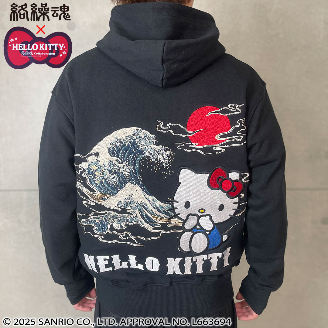 絡繰魂&times;HELLO KITTYコラボ KARAKURI TAMASHII ハローキティ 浮世絵パーカー M L XL 254051 WHITE BLACK キティちゃん 刺しゅう サンリオ 和柄 25AW｜わんわん洋品店 11,261円