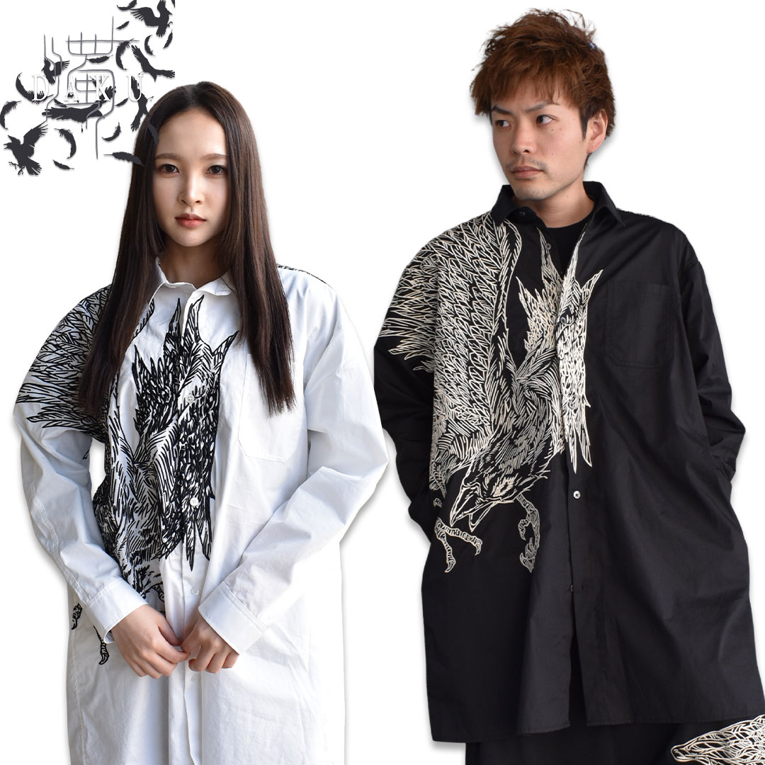 濁 DAKU カラス 刺しゅう ロング丈 シャツ ブラック #10 WHITE #20 BLACK 闇系 鳥 クロウ 253082 シャツ 長袖 25AW｜わんわん洋品店