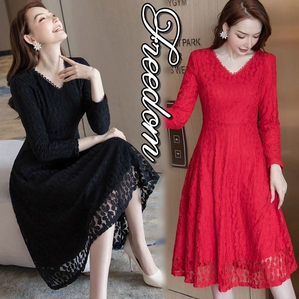 史上最も激安 パーティー 結婚式 二次会 お呼ばれ ドレス ドレスワンピ ワンピース ワンピ パーティードレス パーティーワンピ 披露宴 同窓会 演奏会 大きいサイズ 冬の暖か裏地 Vネック花柄レースドレスワンピース M L 2l 3l 4l 5l 6l サイズ フリーダム