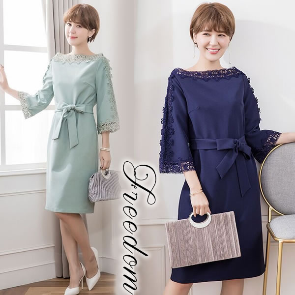 安い パーティー 結婚式 二次会 お呼ばれ ドレス ワンピース ワンピ パーティードレス パーティーワンピ 披露宴 同窓会 演奏会 発表会 衣裳 イベント 大きいサイズ ウエストリボン花柄レース切替ドレスワンピース フリーダム S M L 2l 3l サイズ セール Sale 超大