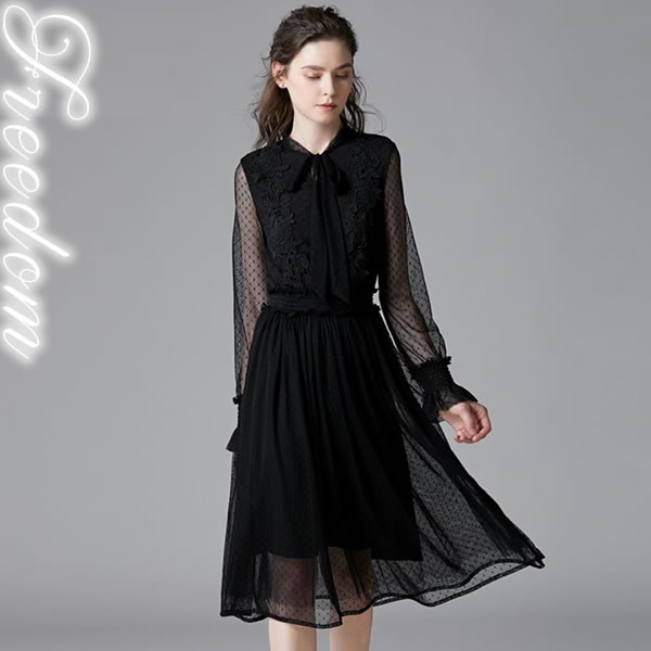 全国宅配無料 楽天市場 大きいサイズ パーティー 結婚式 二次会 お呼ばれ ドレス ワンピース ワンピ パーティードレス パーティーワンピ 披露宴 同窓会 演奏会 発表会 謝恩会 透け感デザイン 花柄レース刺繍ドット柄ドレスワンピース フリーダム L 2l 3l 4l