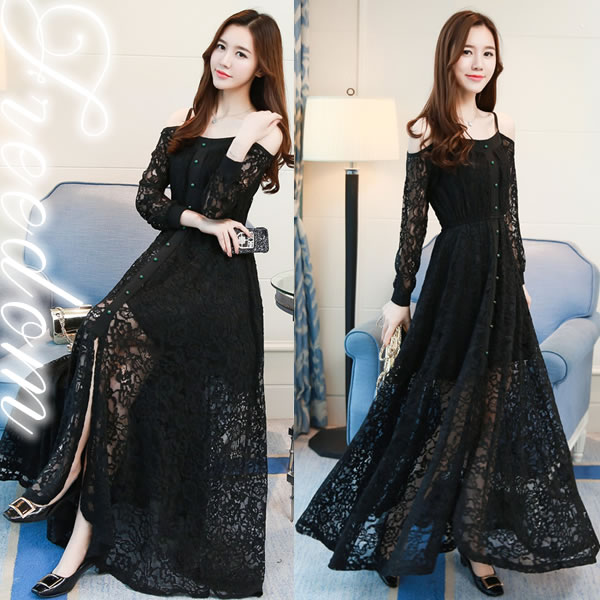 在庫限りッ アウトレット パーティー 結婚式 二次会 お呼ばれ ドレス ワンピース 大きいサイズ ワンピ パーティードレス パーティーワンピ 披露宴 同窓会 演奏会 発表会 謝恩会 衣裳 イベント 肩出しキャミ総レースロングドレスワンピース フリーダム F 2l 3l