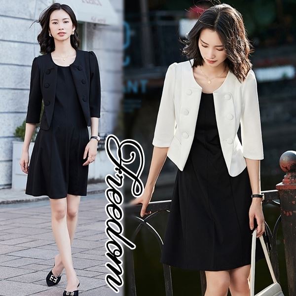海外最新 大きいサイズ スーツ ジャケット ワンピース パーティー Ol 通勤 制服 ビジネス 二次会 Ol通勤 卒業式 入学式 結婚式 同窓会 大きいサイズ ボタンモチーフデザインジャケット ワンピースのセットアップレディーススーツ 2l 3l 4l サイズ フリーダム