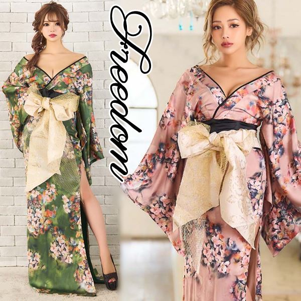 花魁 着物ドレス セクシー ロング 着物 ドレス 着物ドレス 着物風ドレス キャバドレス ロングドレス コスプレ 衣装 ダンス キャバ パーティー イベント インスタ 撮影 アイドル ★艶やか可愛い花魁スタイル！ディープスリット花柄着物風ロングドレス ♪フリーダム セール