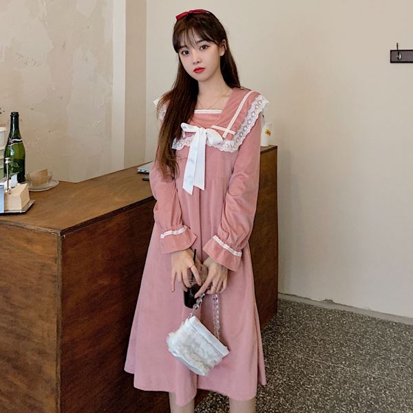 レトロ お嬢様 学生 ワンピ ワンピース ロリータ ゴスロリ コスプレ 制服 パーティー イベント ステージ アイドル 地下アイドル 80年代 コスチューム 衣装 バイカラー大きめレース襟胸元リボンお嬢様ワンピース M L 2l 3l サイズ フリーダム セール Sale