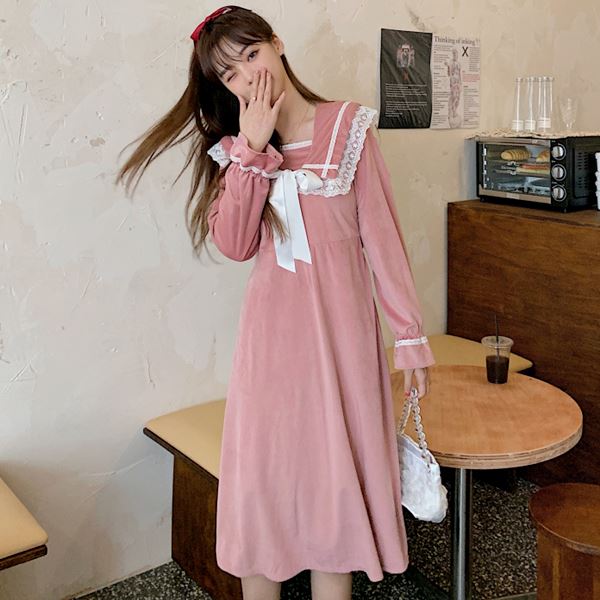 レトロ お嬢様 学生 ワンピ ワンピース ロリータ ゴスロリ コスプレ 制服 パーティー イベント ステージ アイドル 地下アイドル 80年代 コスチューム 衣装 バイカラー大きめレース襟胸元リボンお嬢様ワンピース M L 2l 3l サイズ フリーダム セール Sale