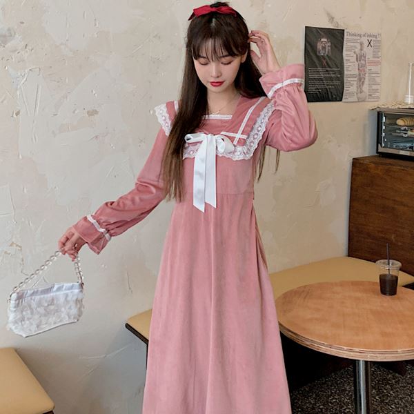 レトロ お嬢様 学生 ワンピ ワンピース ロリータ ゴスロリ コスプレ 制服 パーティー イベント ステージ アイドル 地下アイドル 80年代 コスチューム 衣装 バイカラー大きめレース襟胸元リボンお嬢様ワンピース M L 2l 3l サイズ フリーダム セール Sale