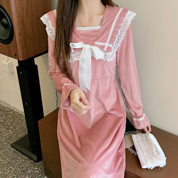 レトロ お嬢様 学生 ワンピ ワンピース ロリータ ゴスロリ コスプレ 制服 パーティー イベント ステージ アイドル 地下アイドル 80年代 コスチューム 衣装 バイカラー大きめレース襟胸元リボンお嬢様ワンピース M L 2l 3l サイズ フリーダム セール Sale