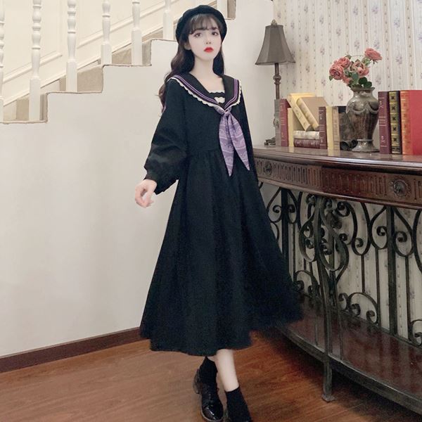 大きいサイズ 学生 セーラー ロリータ ゴスロリ レトロ お嬢様 ワンピ ワンピース コスプレ 制服 イベント ハロウィン アイドル コスチューム 衣装 セーラー服スタイル セーラー襟デザイン リボン長袖学生風ワンピース L 2l 3l 4l 5l サイズ フリーダム セール Sale