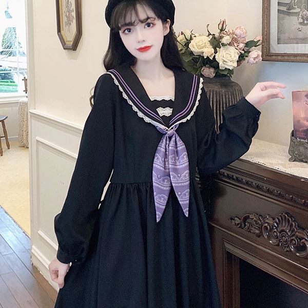 大きいサイズ 学生 セーラー ロリータ ゴスロリ レトロ お嬢様 ワンピ ワンピース コスプレ 制服 イベント ハロウィン アイドル コスチューム 衣装 セーラー服スタイル セーラー襟デザイン リボン長袖学生風ワンピース L 2l 3l 4l 5l サイズ フリーダム セール Sale