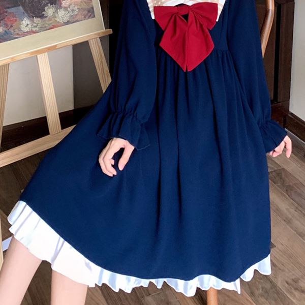 学生 セーラー ロリータ ゴスロリ レトロ お嬢様 ワンピ ワンピース コスプレ 制服 イベント ハロウィン ステージ衣装 アイドル衣装 コスチューム 衣装 セーラー服スタイル リボン セーラー襟デザイン長袖学生風ワンピース M L 2l 3l サイズ フリーダム セール Sale