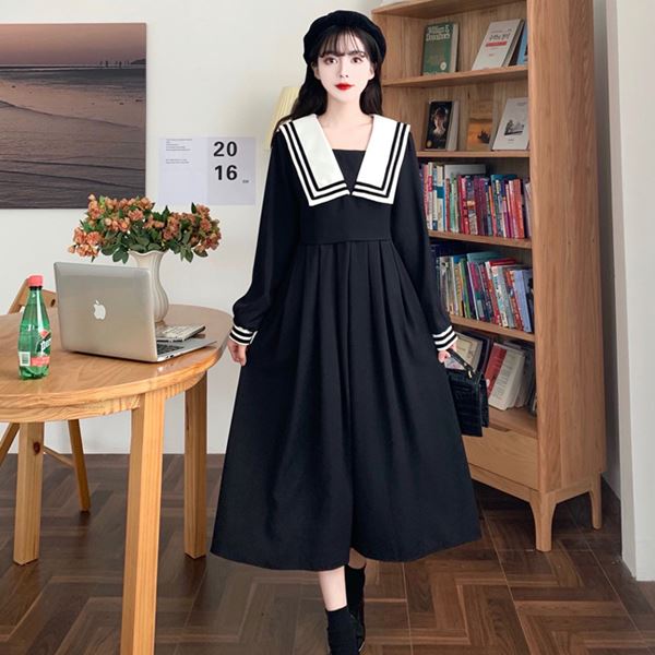 大きいサイズ 学生 セーラー ロリータ ゴスロリ レトロ お嬢様 ワンピ ワンピース コスプレ 制服 イベント ハロウィン アイドル コスチューム 衣装 セーラー服スタイル セーラー襟ウエストタック長袖学生風ワンピース L 2l 3l 4l 5l サイズ フリーダム セール Sale