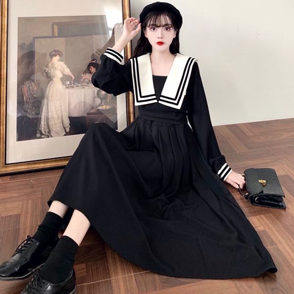 大きいサイズ 学生 セーラー ロリータ ゴスロリ レトロ お嬢様 ワンピ ワンピース コスプレ 制服 イベント ハロウィン アイドル コスチューム 衣装 セーラー服スタイル セーラー襟ウエストタック長袖学生風ワンピース L 2l 3l 4l 5l サイズ フリーダム セール Sale