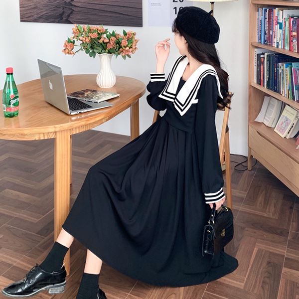 大きいサイズ 学生 セーラー ロリータ ゴスロリ レトロ お嬢様 ワンピ ワンピース コスプレ 制服 イベント ハロウィン アイドル コスチューム 衣装 セーラー服スタイル セーラー襟ウエストタック長袖学生風ワンピース L 2l 3l 4l 5l サイズ フリーダム セール Sale