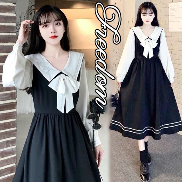 学生 セーラー ロリータ ゴスロリ レトロ お嬢様 ワンピ ワンピース コスプレ 制服 イベント ハロウィン ステージ衣装 アイドル衣装 コスチューム 衣装 セーラースタイル バイカラーセーラー襟リボン長袖学生風ワンピース M L 2l 3l サイズ フリーダム セール Sale Maf