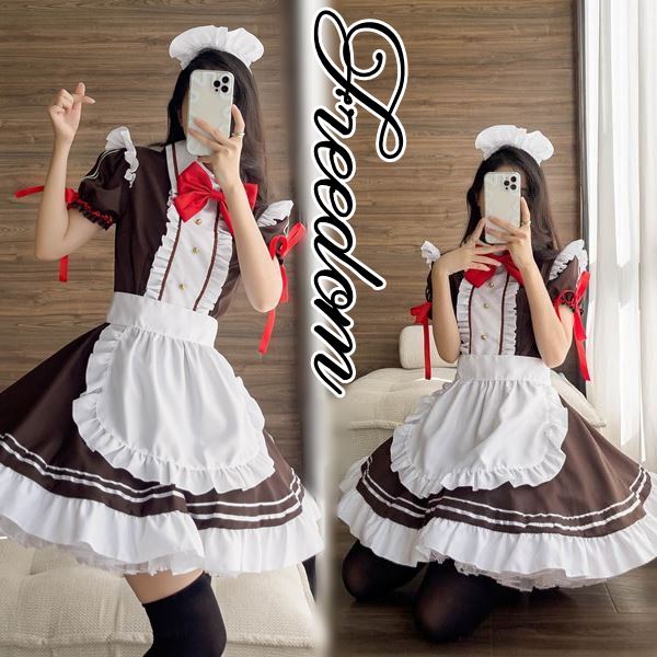 メイド エプロン メイド服 メイドカフェ アキバ コスプレ コスチューム ゴスロリ ロリータ アイドル 萌え ステージ 衣装 制服 地下アイドル イベント ハロウィーン 舞台 インスタ 撮影★赤いリボン使いブラウン色のメイド服コスチューム S M L 2L 3L サイズ★フリーダム sale