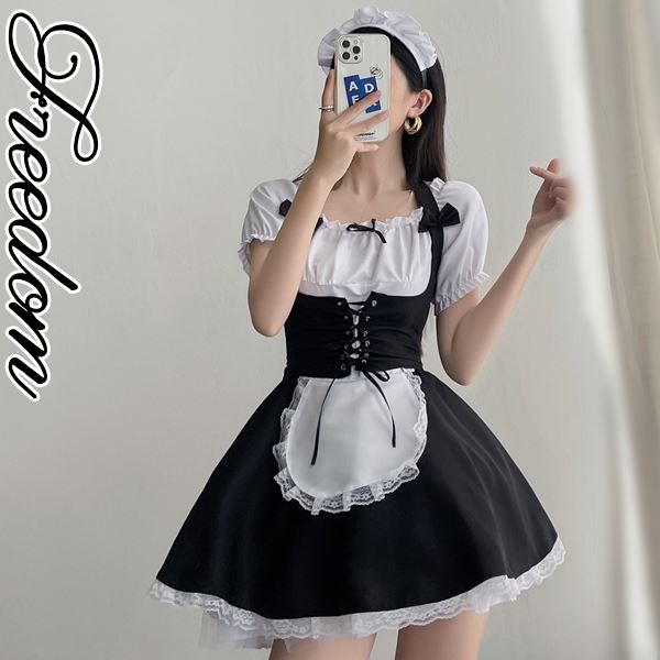メイド エプロン メイド服 メイドカフェ アキバ コスプレ コスチューム ゴスロリ ロリータ アイドル 萌え 舞台 ステージ 衣装 制服 地下アイドル イベント ハローウィン インスタ 撮影★ 編み上げベストのメイド服コスチューム3点セット S M L 2L 3L サイズ★フリーダム sale
